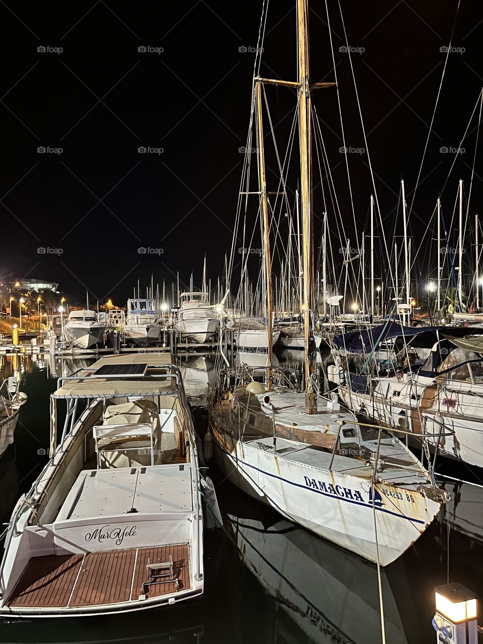 Night view of boats in a Caribbean marina