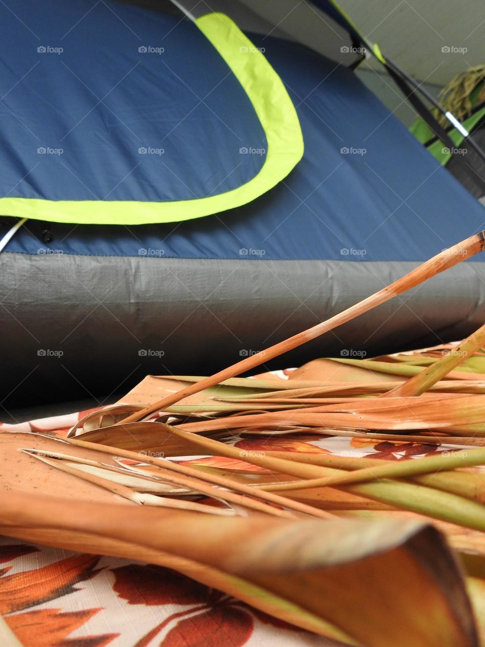 Autumn fall decor and cloth with orange drawings of leaves, dry palm leaves branches on a step during camping by a tent.