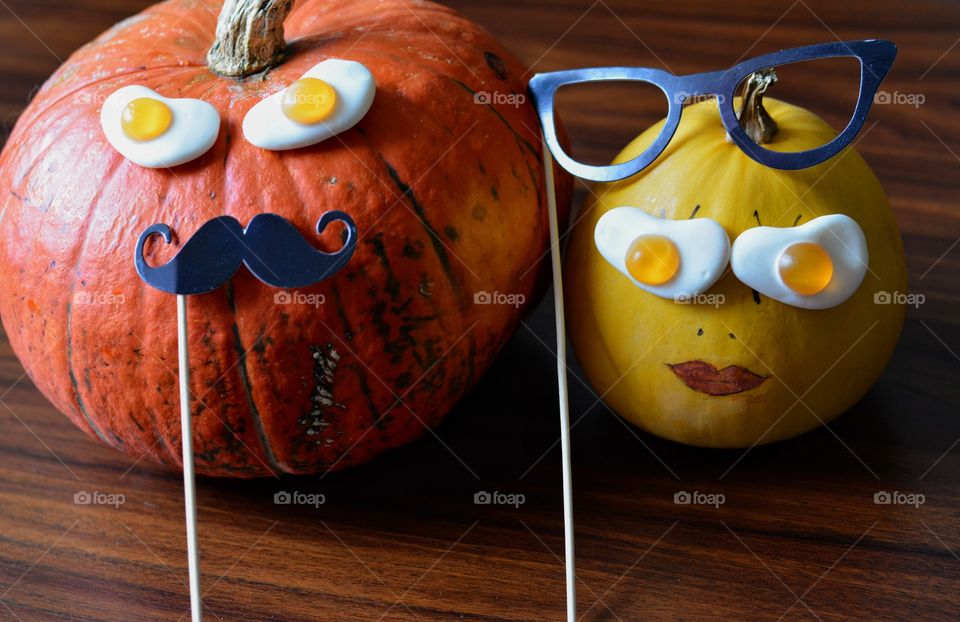 happy Halloween decorations two pumpkins couple