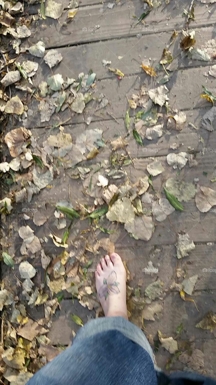 walking bare foot through the leaves