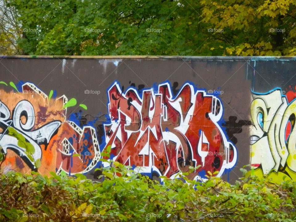 graffiti  on a wall along a road. 