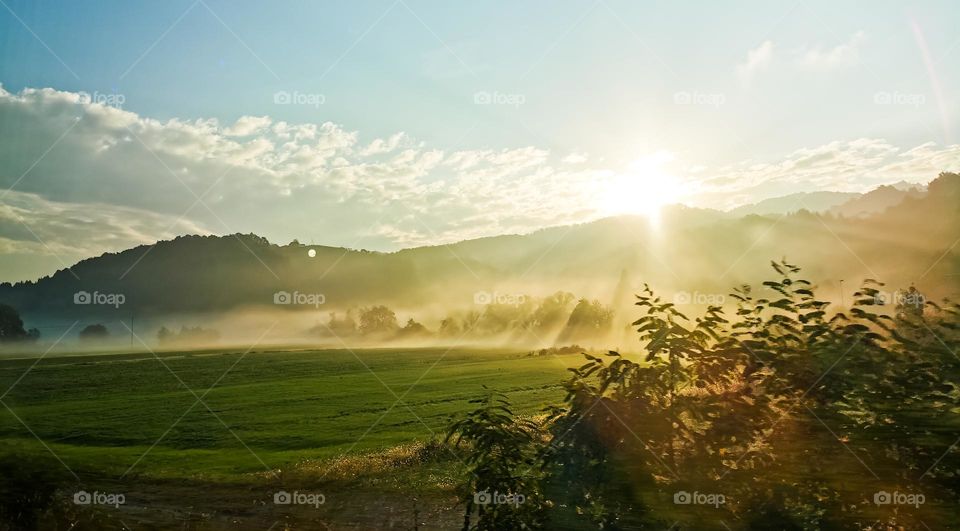 Foggy morning sunrise in the field