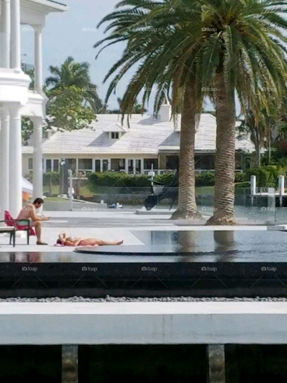 Couple sunbathing by the pool, talking & relaxing in the sunshine. Two large palms are nearby their swimming pool.