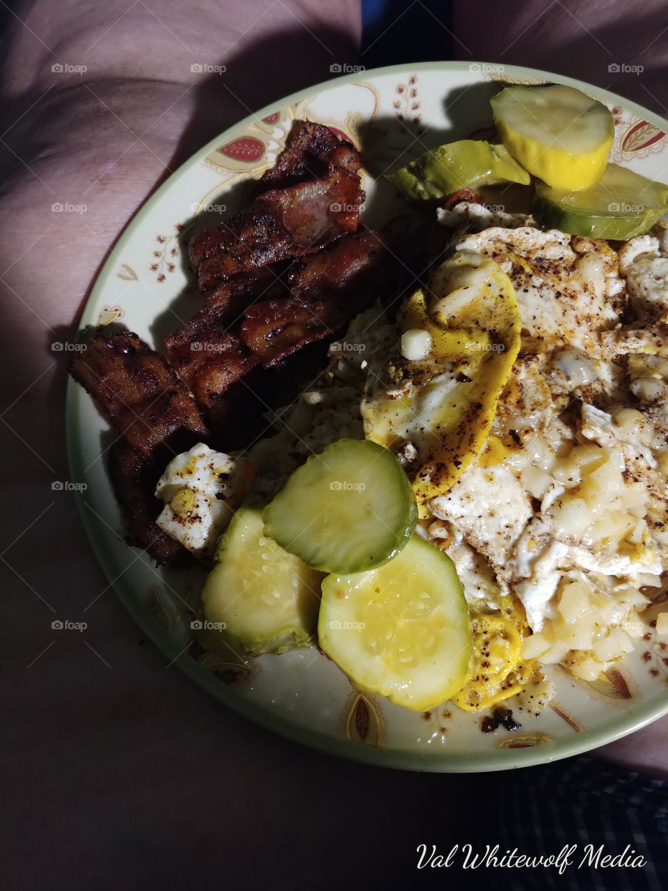 pickles, bacon,fried eggs, legs breakfast