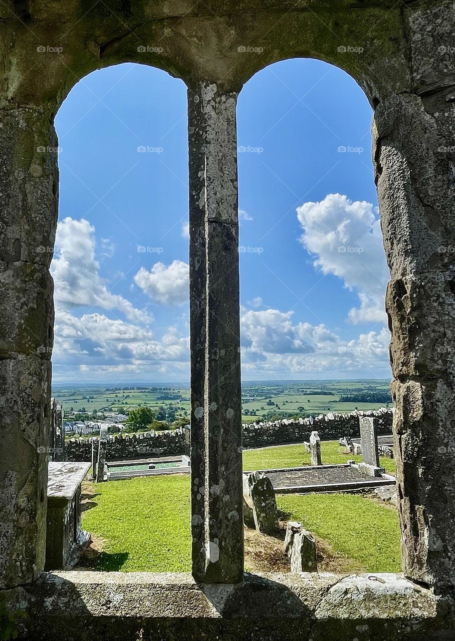 View through a window of the abbey ruins on the Hill of Slane, Co. Meath, Ireland.