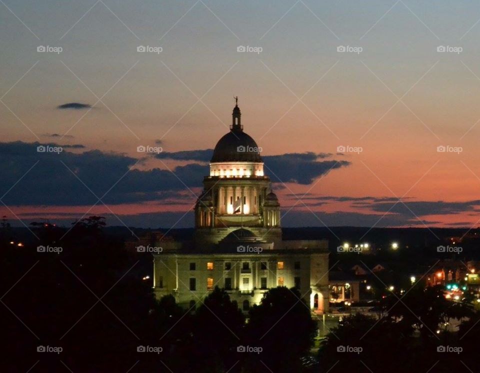 Statehouse at Sunset. The sunset over the Rhode Island Statehouse in Providence.