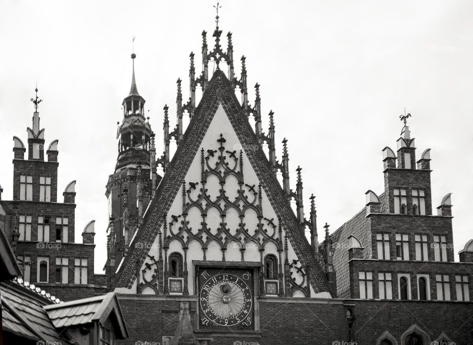 The ancient building of the castle in black and white.  Wroclaw, Poland