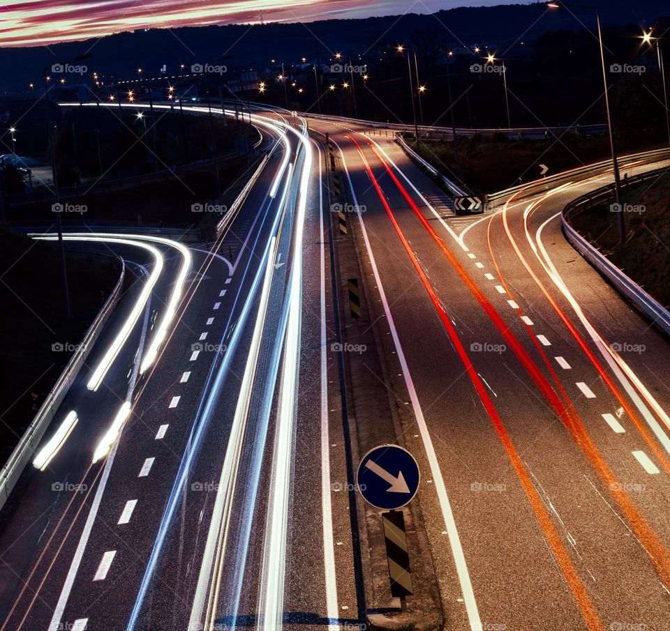 Light trails from traffic on the highway 