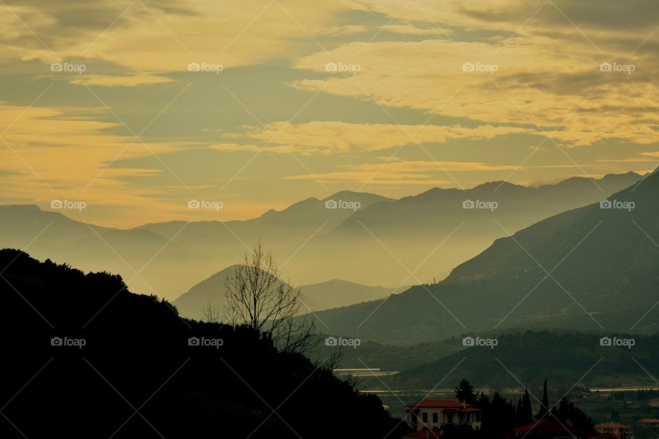 Night falling on Meteoras, Greece 