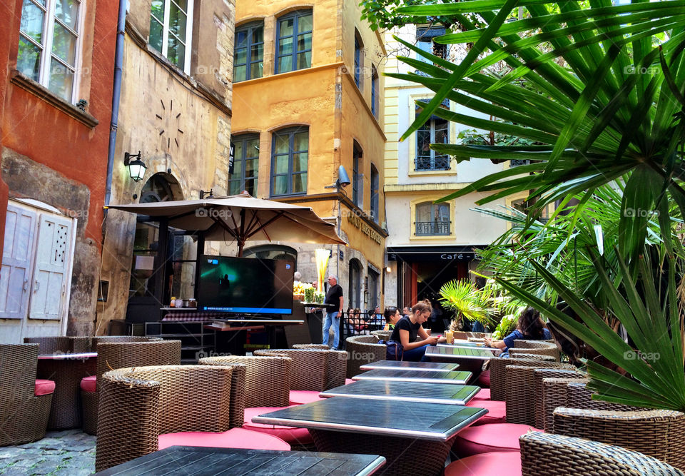 Outdoor cafe in the old city center of Lyon, France