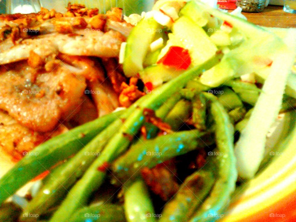 garlic fish; green beans and crab and cucumber salad. a tasty dish I made with my girlfriend
