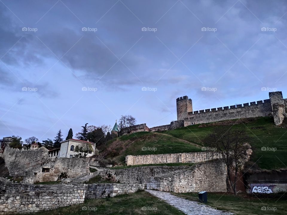 Belgrade Serbia Kalemegdan fortress lower city in sunset