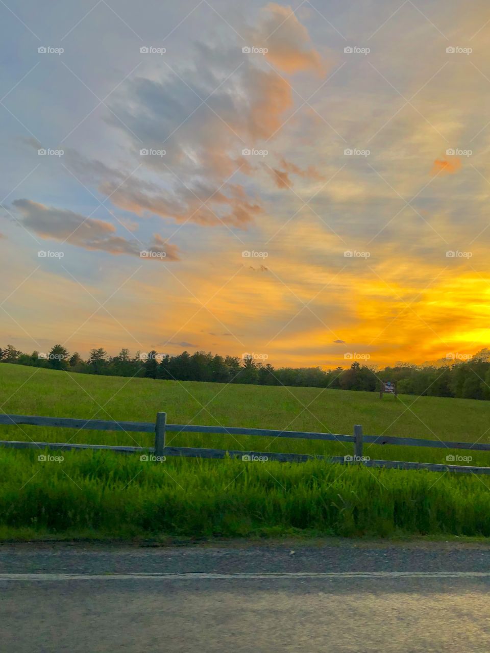 Rural scene in summer features sunset over green pastures lined with trees in background and a fence and rural road in foreground. 