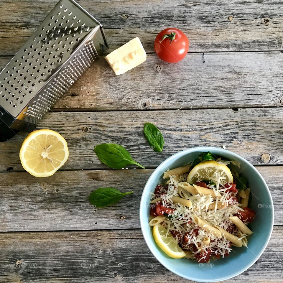 High angle view of pasta in bowl