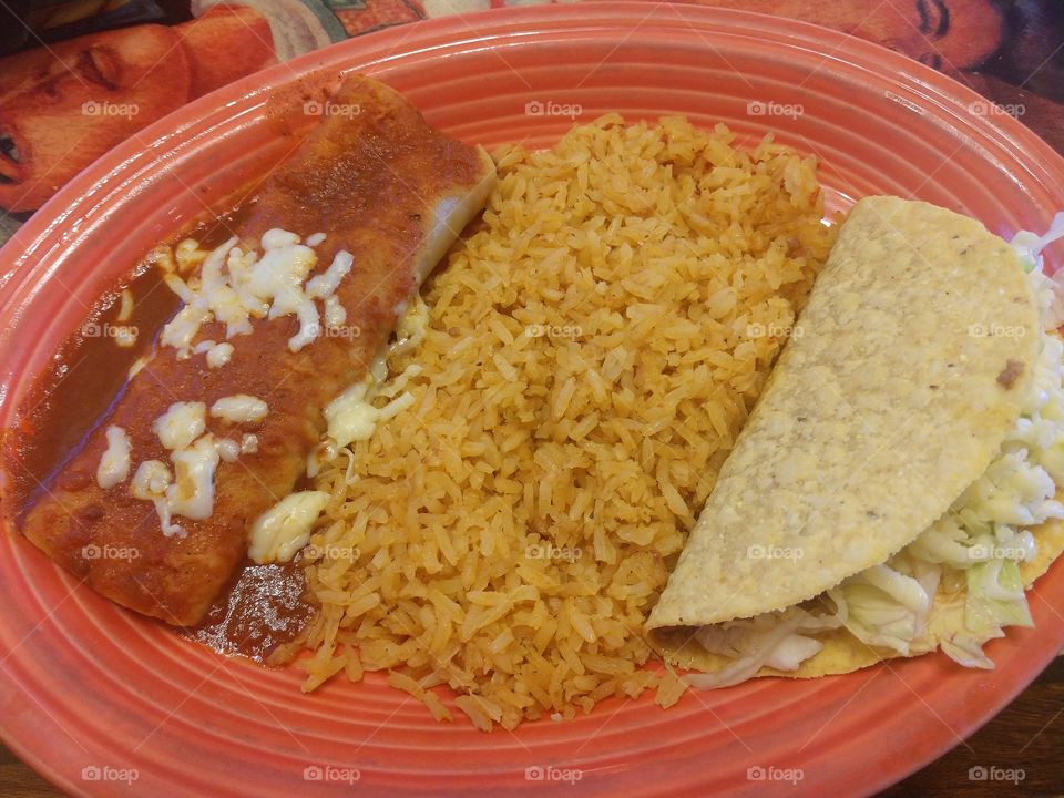 Enchilada, hard-shell taco & rice