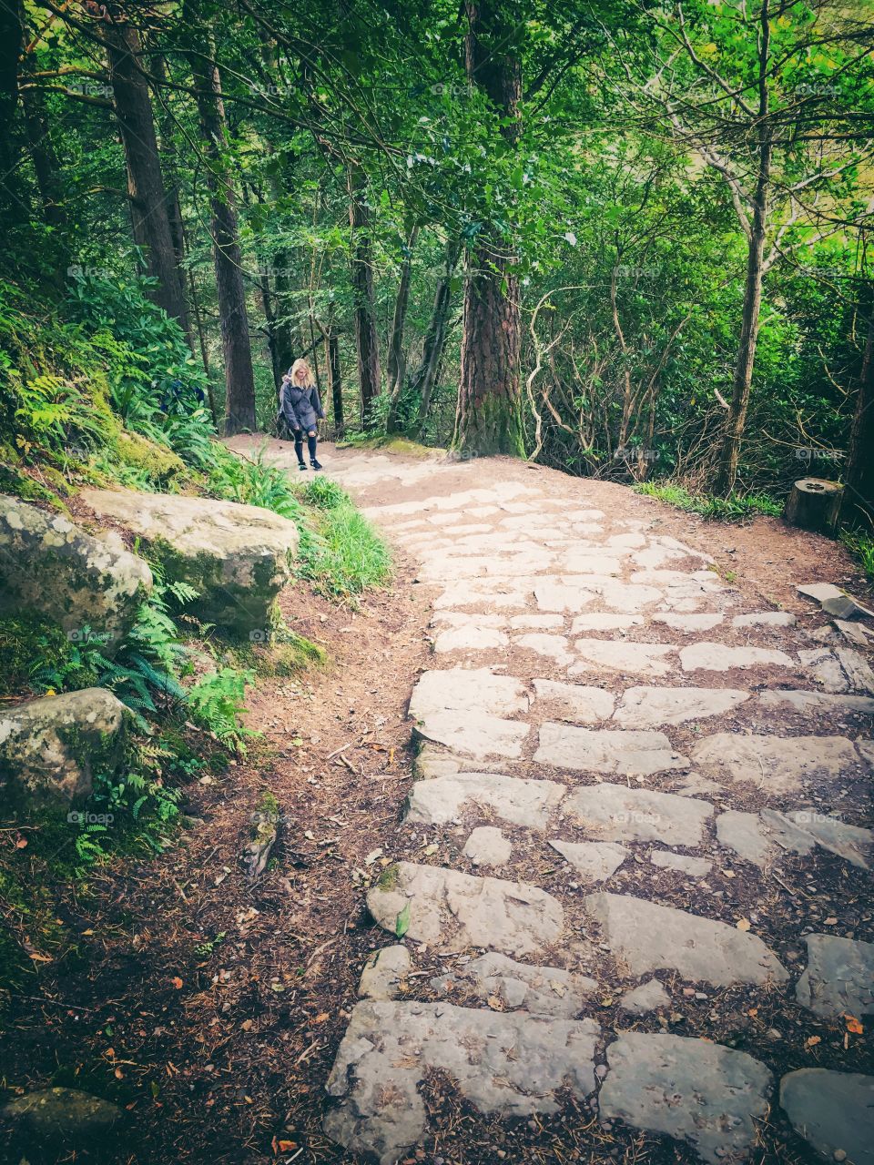 Woman walking up steps in a forests. 
