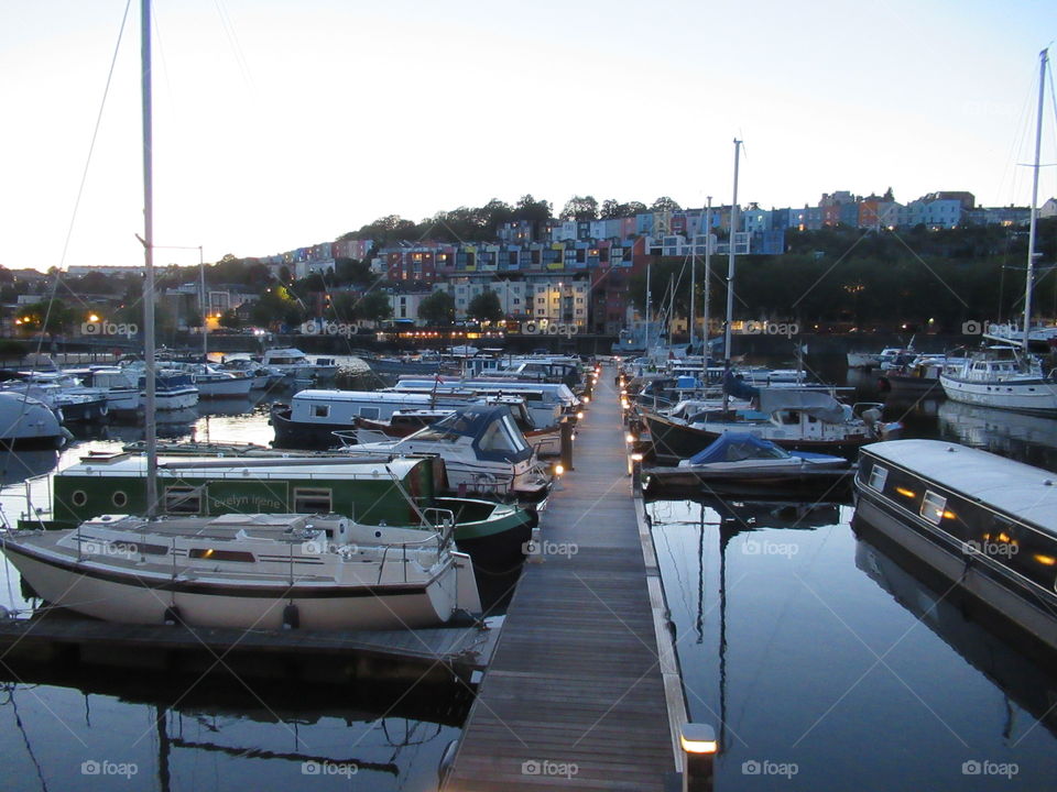 Bristol floating harbour. With boats moored. View looking across to hotwells