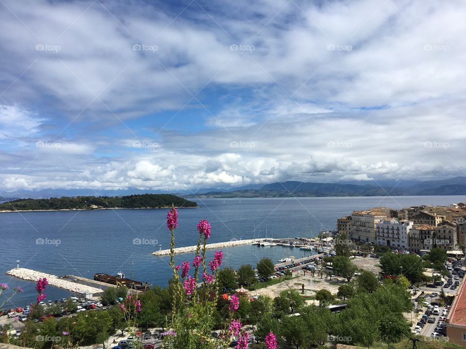 View across the sea from the New Fortress, Corfu Town, Greece