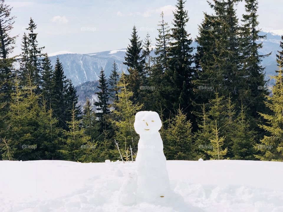 One big snowman and one little snowman with forest of evergreen trees and mountains in the background