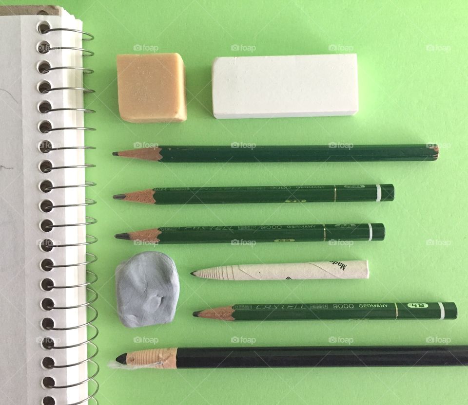 Arts & Crafts Supply - drawing pencils, sketch book, kneaded eraser, gum eraser, rubber eraser, charcoal pencil, tortillon blending stump