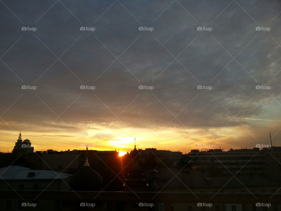 Berth, sunset, river,  Moscow, city, night city, Moscow does not sleep