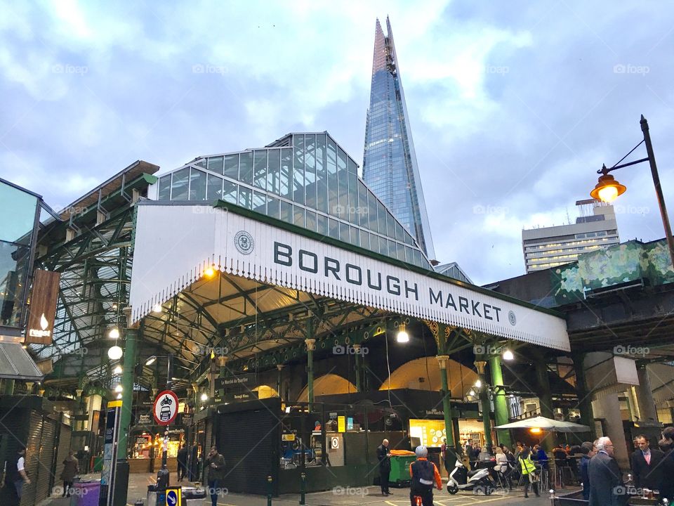 Bourough market with the shard in the background 