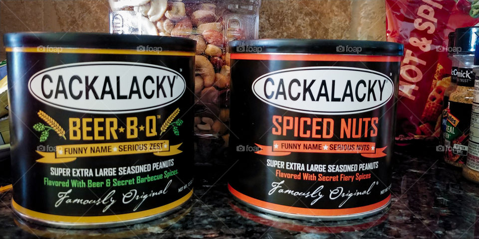 Carolina Nuts on kitchen counter. Cackalacky.