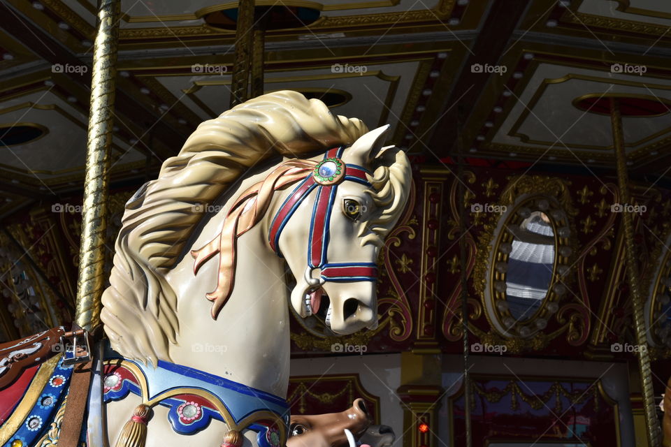 Colorful carousel horse on a merry-go-round.