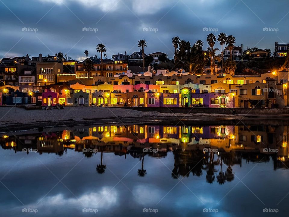 The Venetian, Capitola CA, beautiful evening in the beach town with gorgeous skies and a beautiful reflection on soquel creek