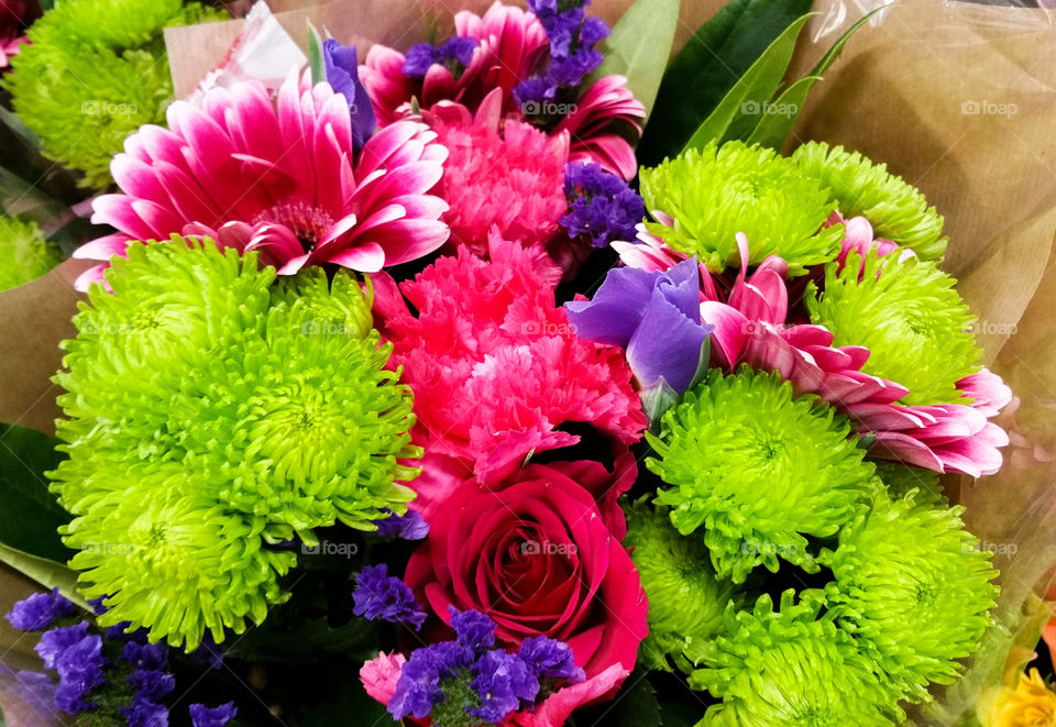 Green, pink and purple flowers