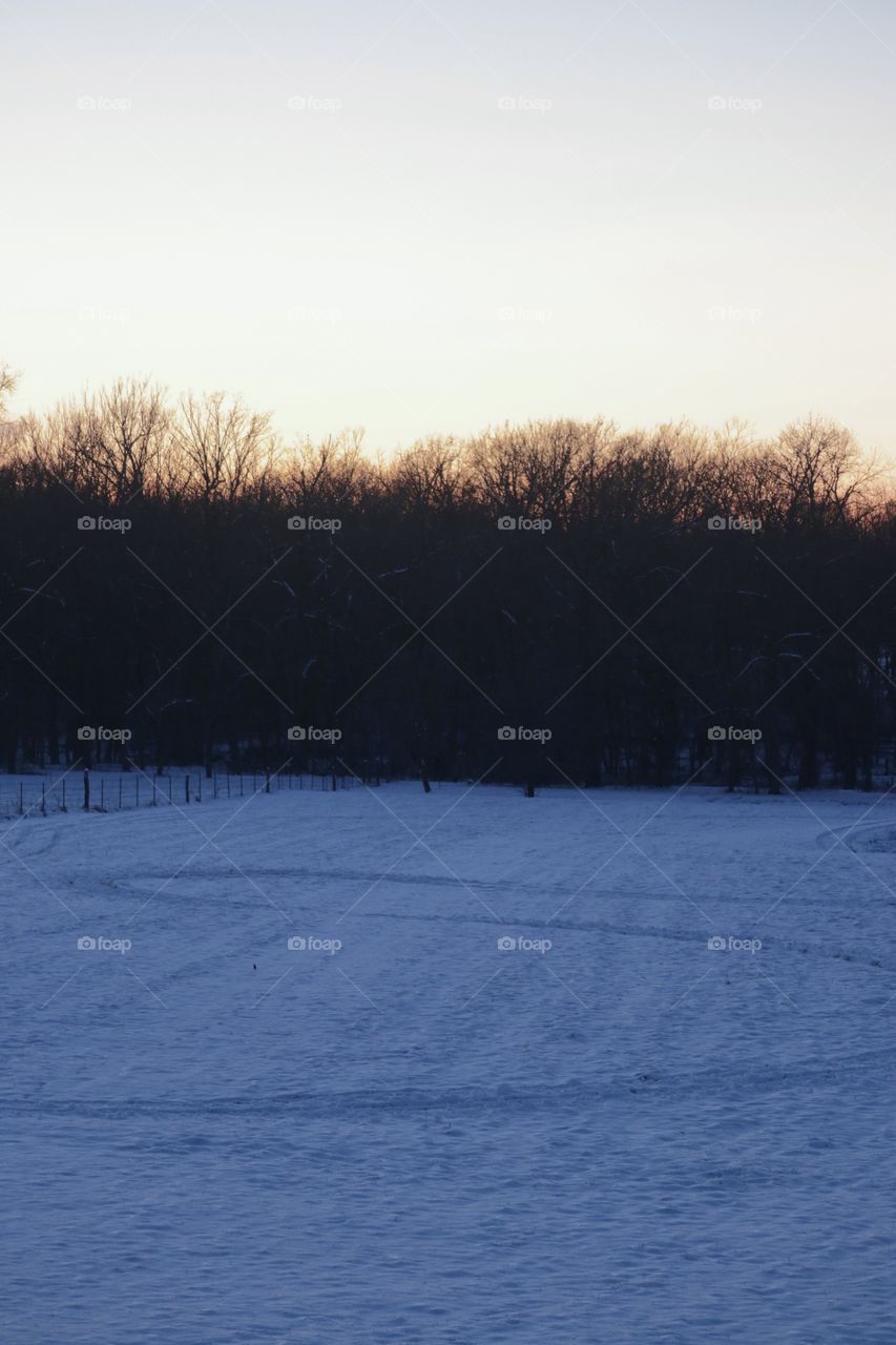 Snow covered fields at dusk. The light is fading fast.