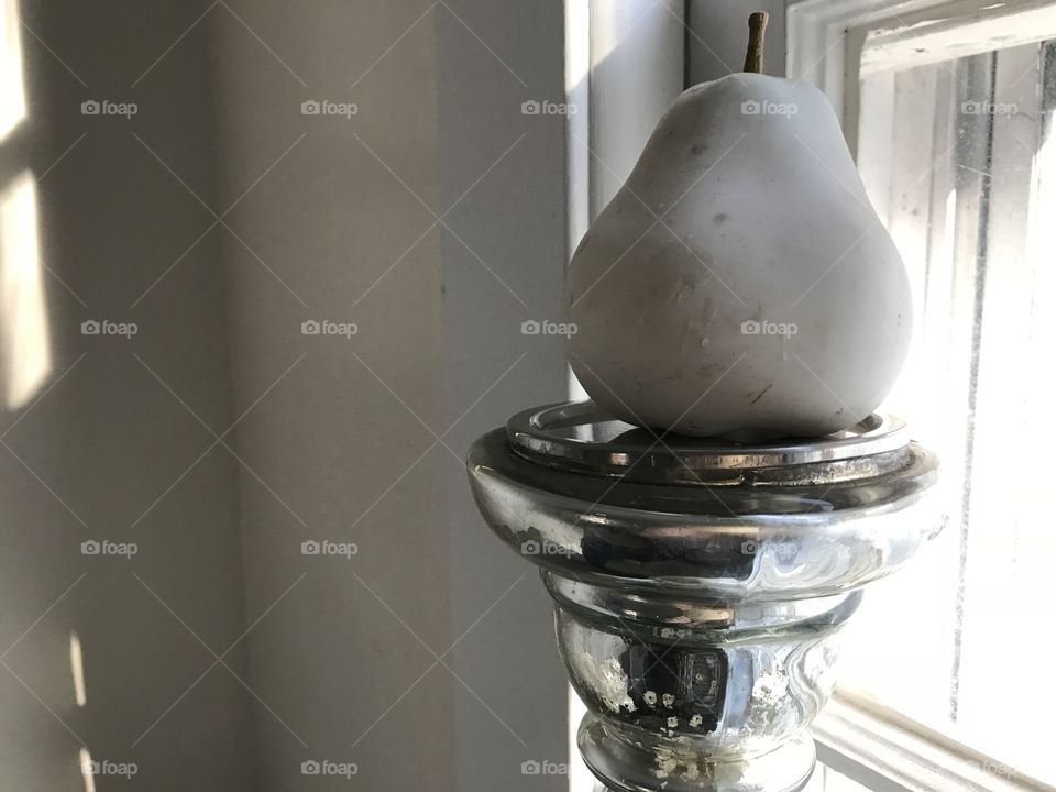 Porcelain pear mercury glass window shadows still life