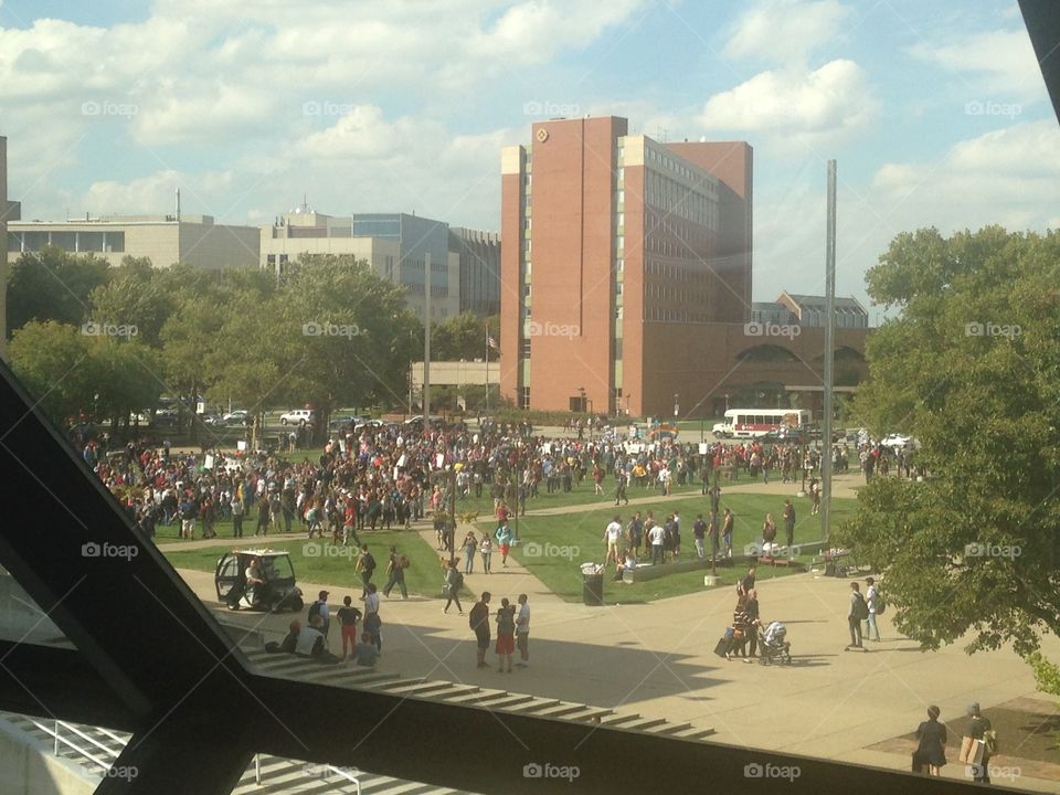 Commuting from class to class on campus at the university.