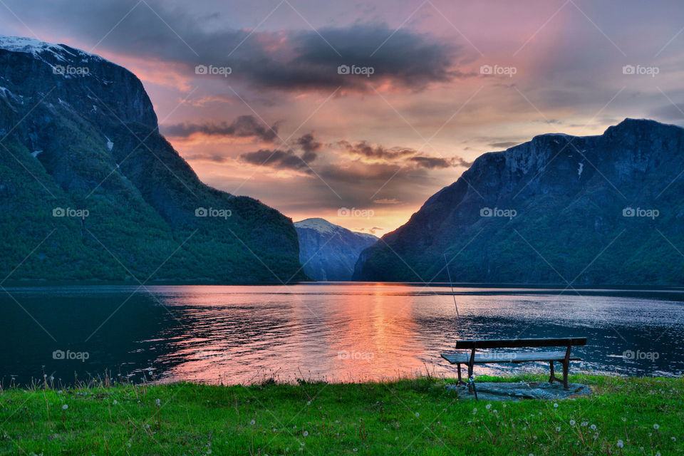 Colourful sunset in Norway. Sun goes down in Aurland, Norway