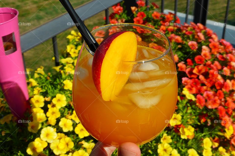 Fruit juice,ice and Martini. I am holding a Fruit juice,ice and Martini on a fall of amazing flowers