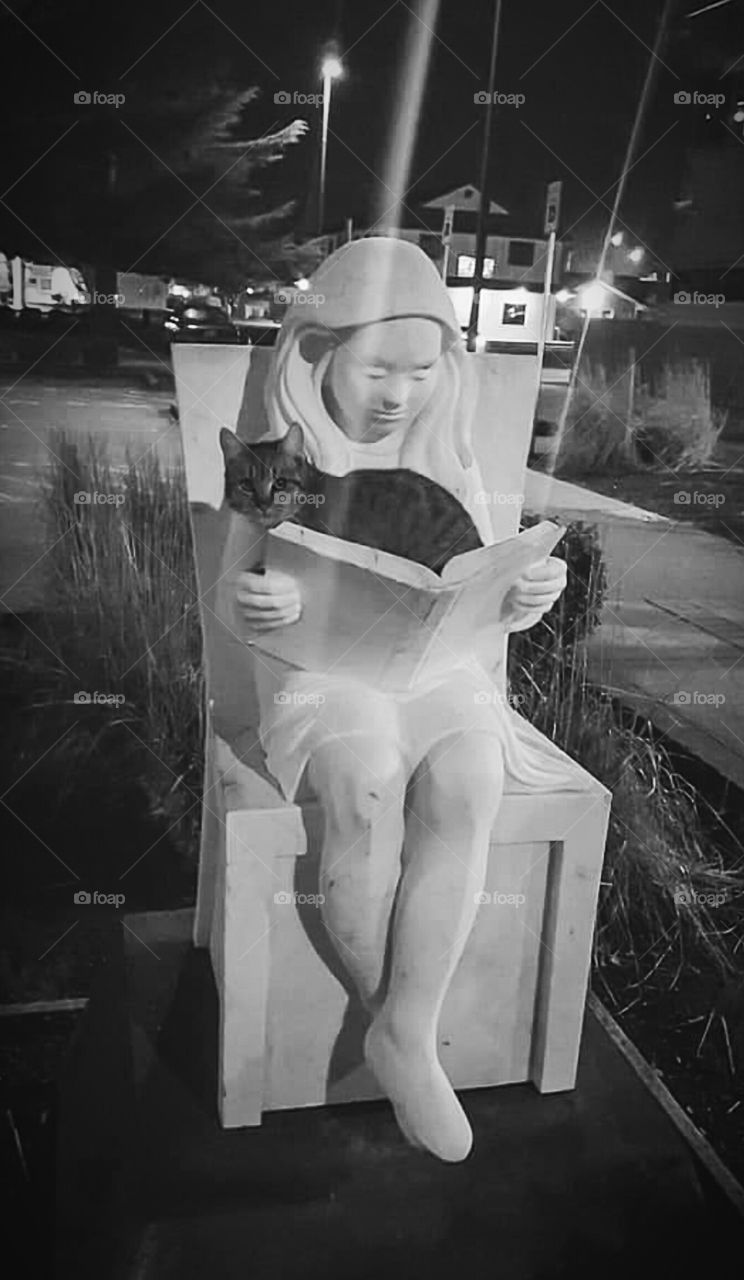 cat laying on statue of girl reading book outside