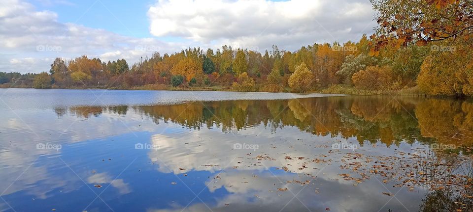 beautiful autumn nature landscape lake forest reflection in water