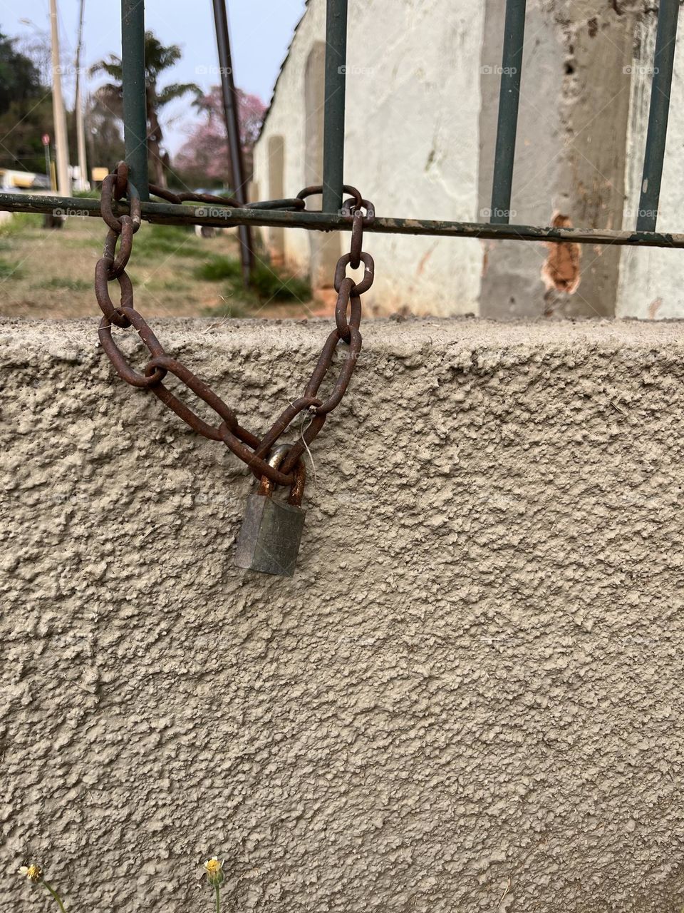 a padlock closing a chain hanging in a metal fence