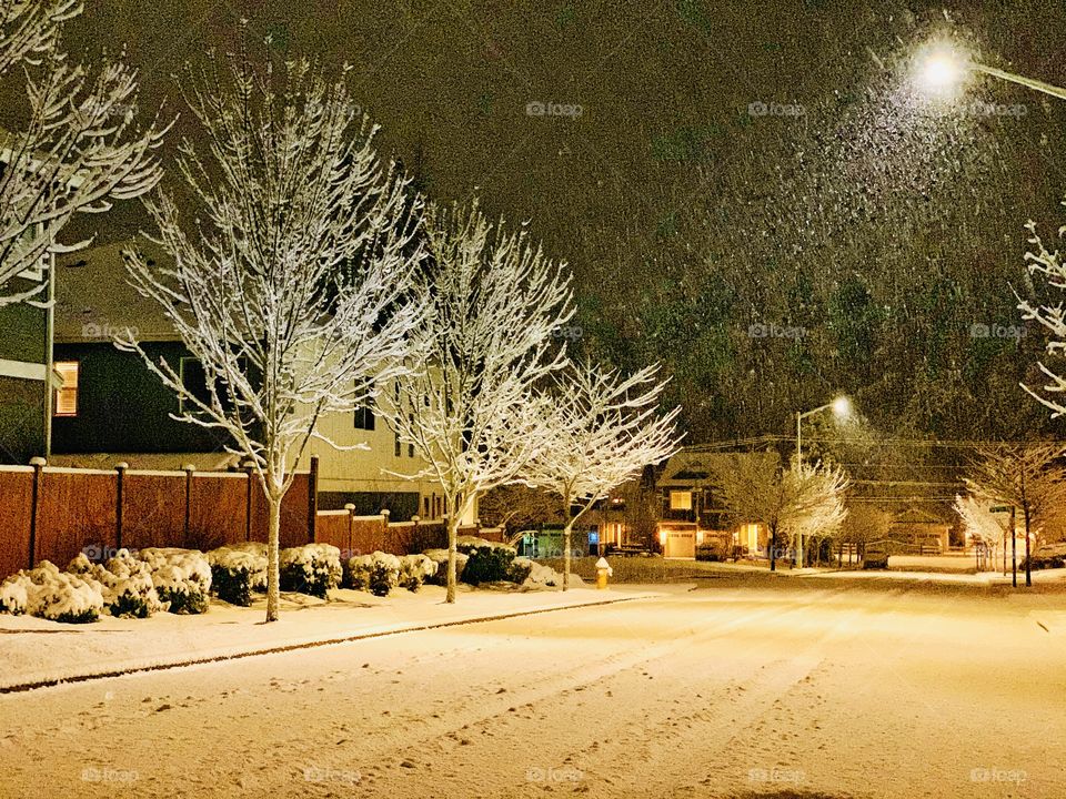 Snowing at night