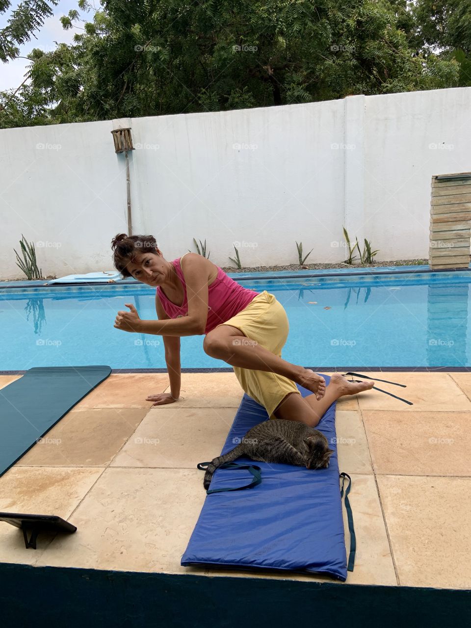On move . Pilates training on line class . Woman and cat