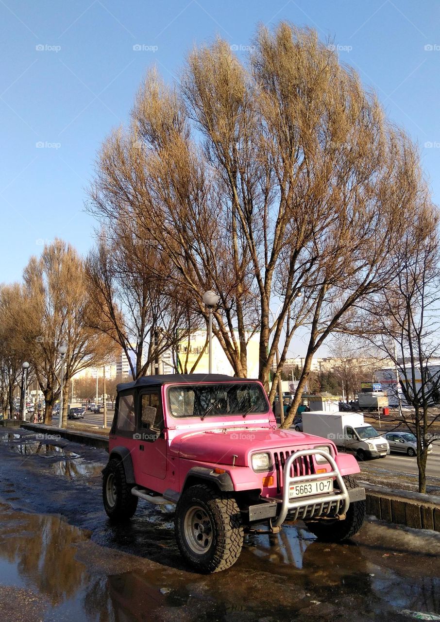 pink car Jeep on a street, beautiful car