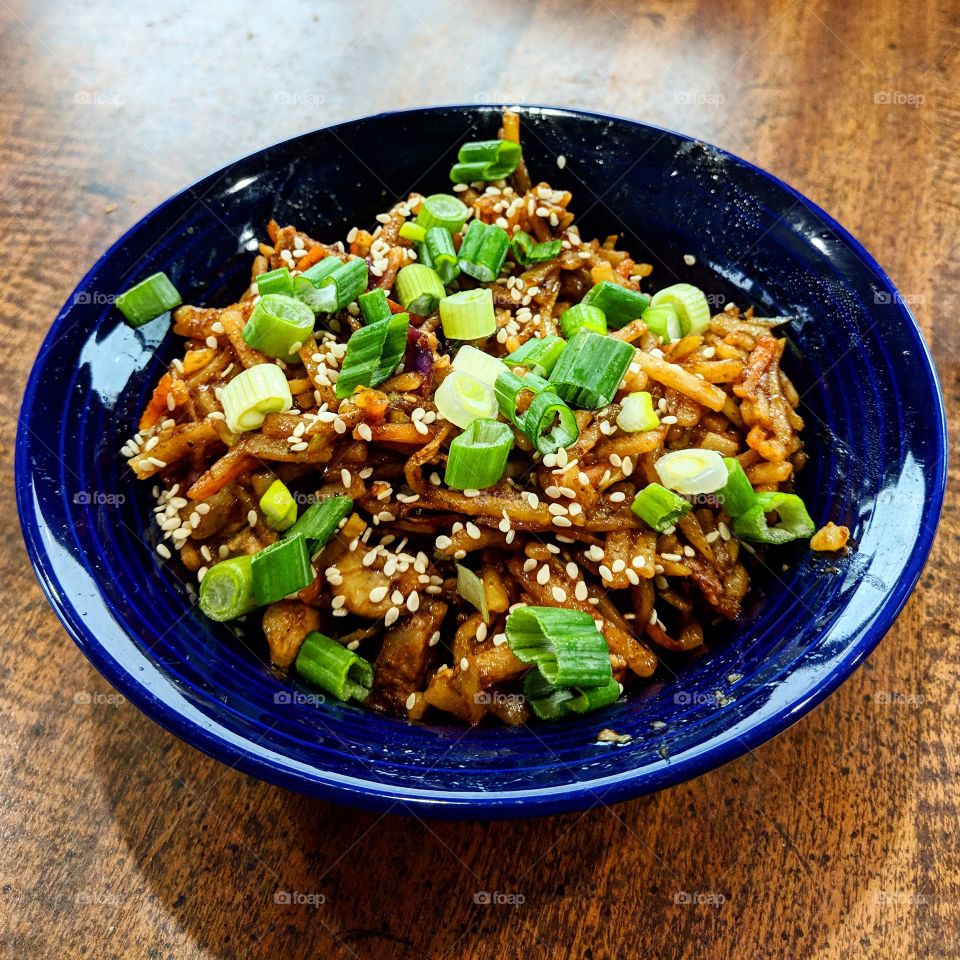 A lunch inspired by Asian cuisine. Just a little spicy and topped with green onions and sesame seeds.