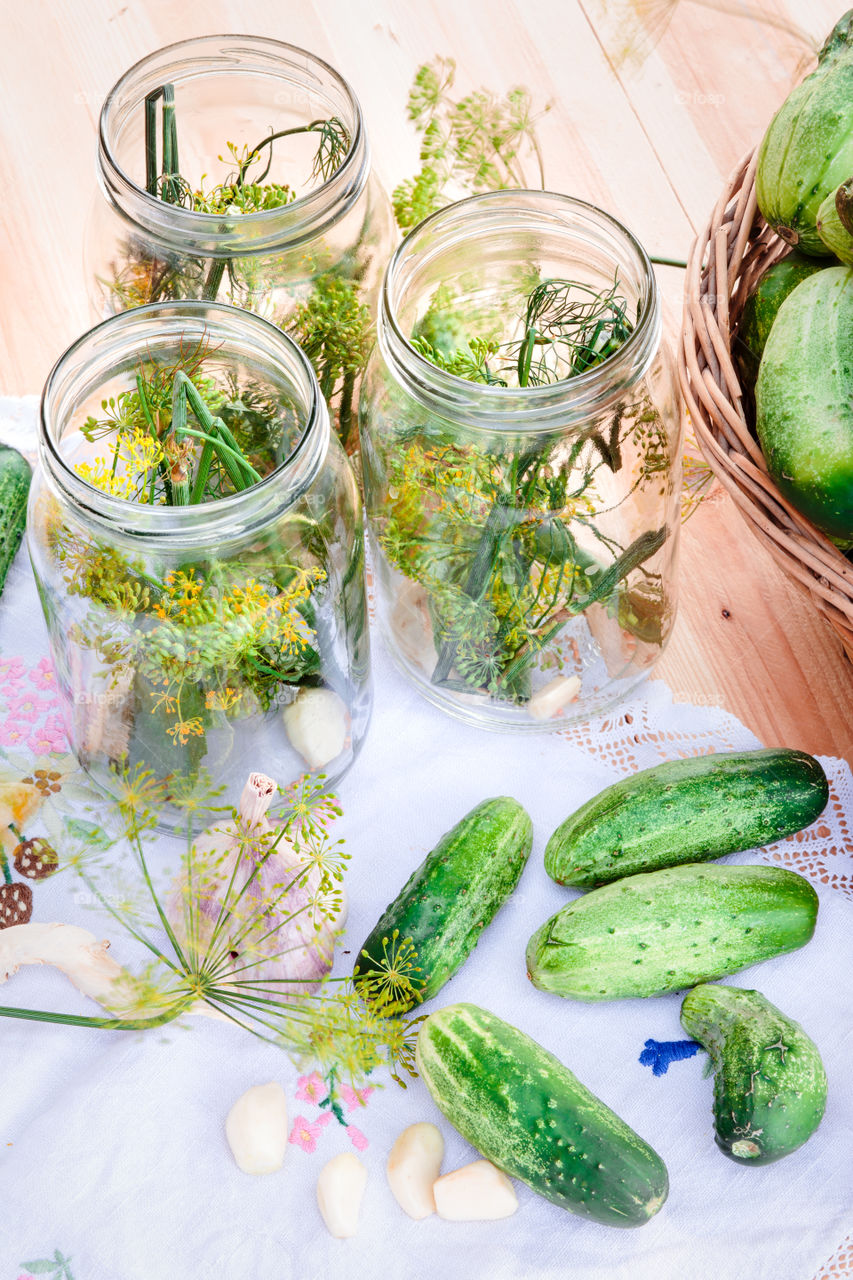 Pickling cucumbers. Pickling cucumbers made with home garden vegetables and herbs