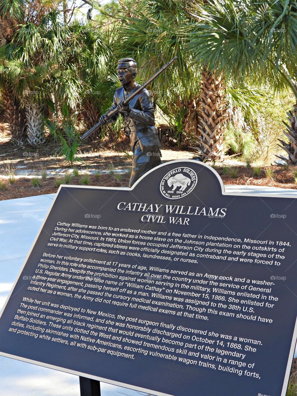 Revolutionary War Patriot - Cathay Williams enlisted in the US Army at the age of 17 and served as a cook and washer woman. The military thought she was a male because they had no exams then. See inscription.