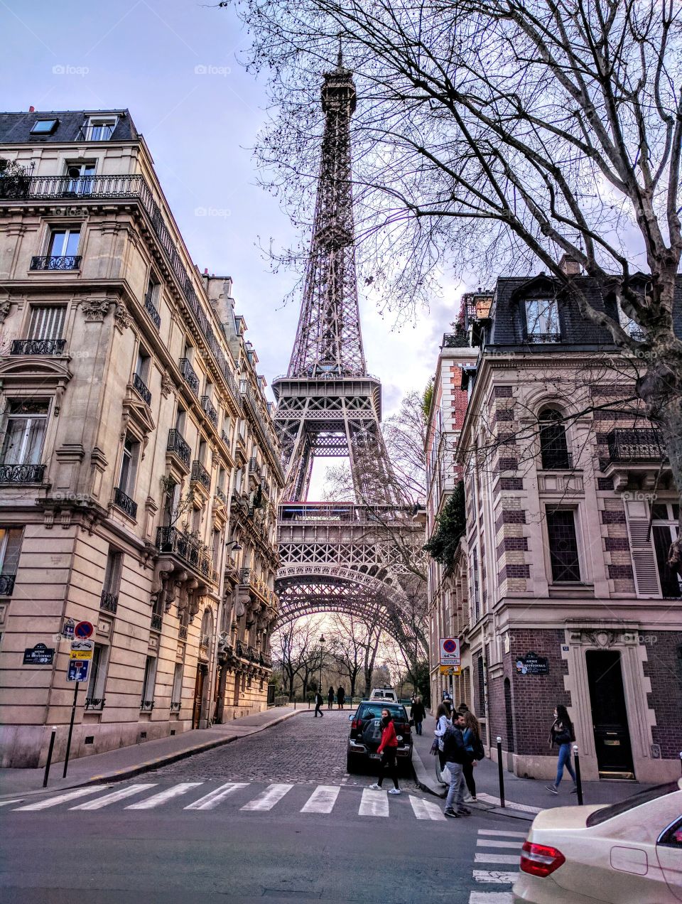 Eiffel tower from street in March.