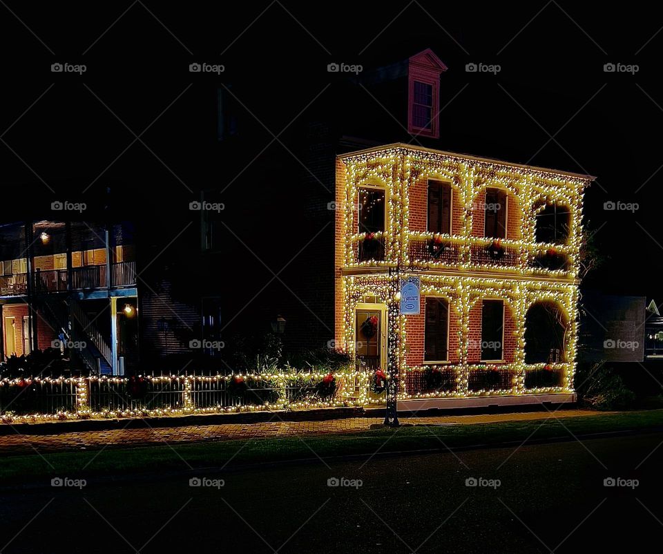 A southern home facing the Mississippi River decorated beautifully for the Christmas season.