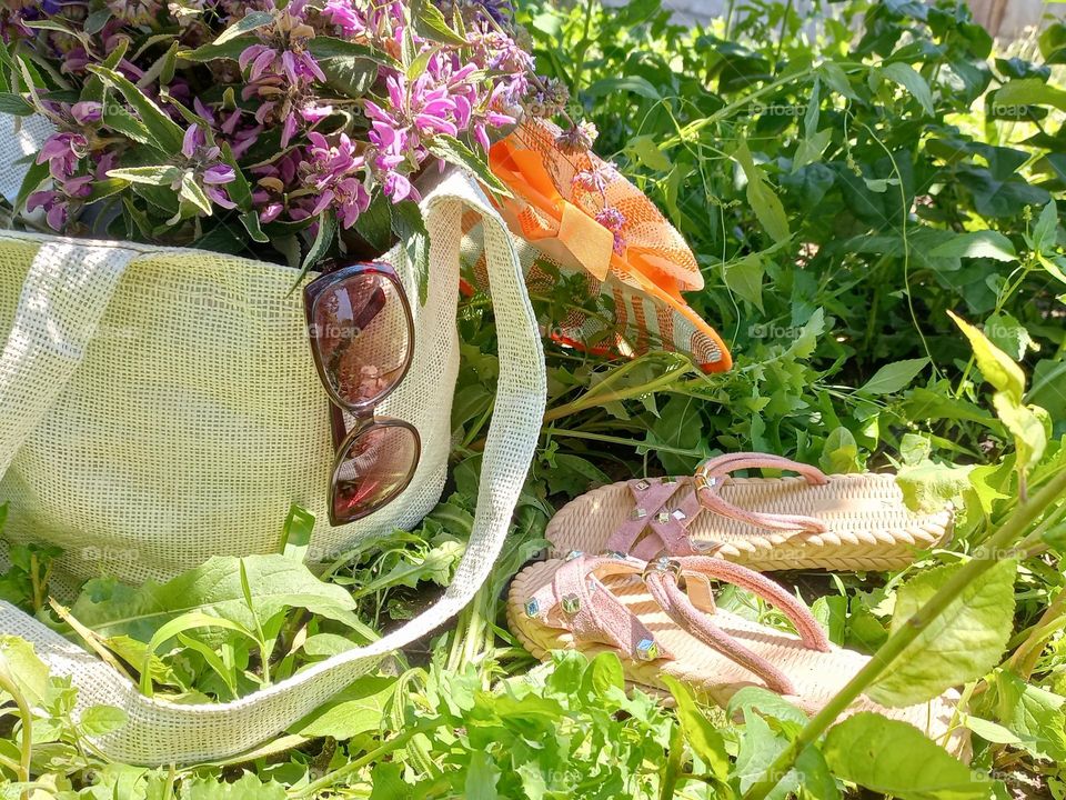 summer accessories bag ,wildflowers,glasses,hat and slippers!!!