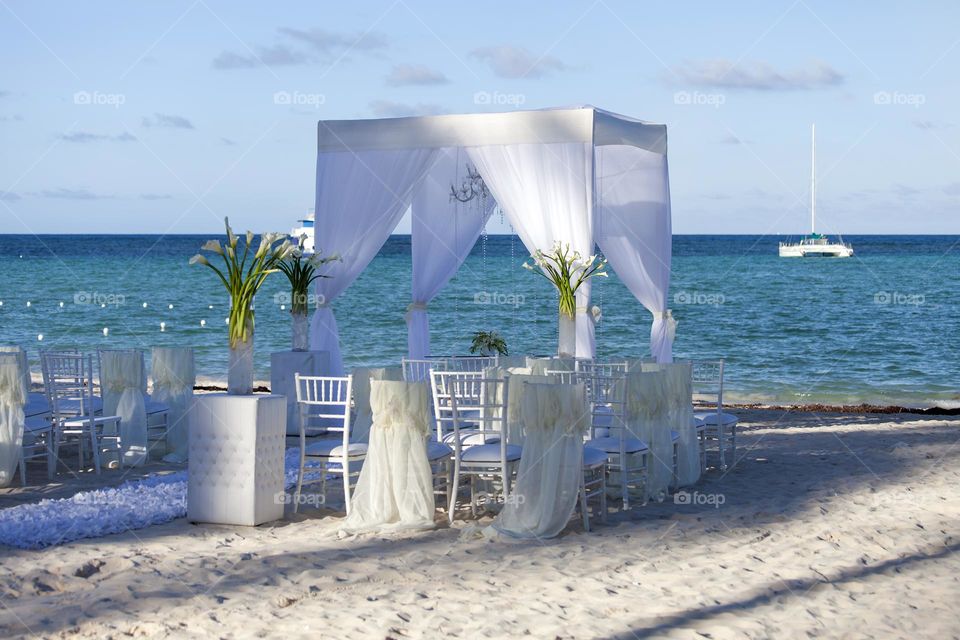 Outdoors wedding setup by the sea