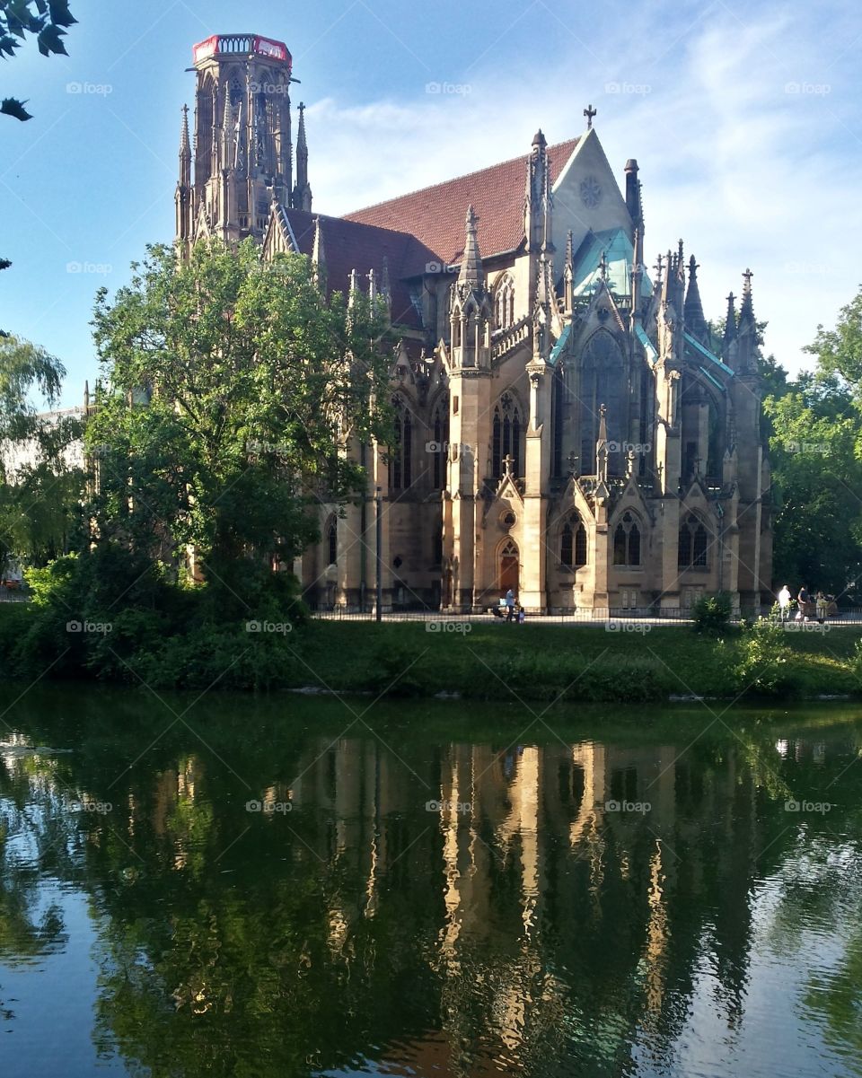 Beautiful reflections of the church in Stuttgart